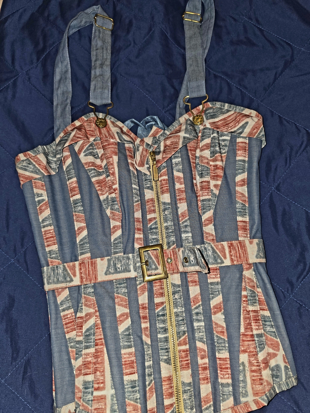 Striped Denim-Style Corset Top with Belt